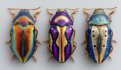 Three iridescent beetles, vibrant colors