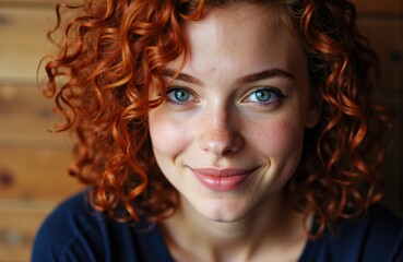 Naklejka premium A woman with vibrant red curly hair and bright blue eyes smiling warmly at the camera