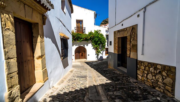 A narrow alleyway lined with traditional whitewashed buildings.