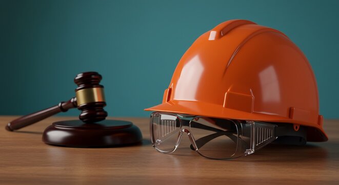 An orange construction helmet safety glasses and a wooden gavel on a wooden surface against a teal background
