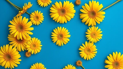 Vibrant yellow gerbera flowers arranged in a circular pattern against a deep blue background, symbolizing joy and energy.