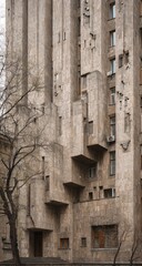 A textured beige building with angular facets