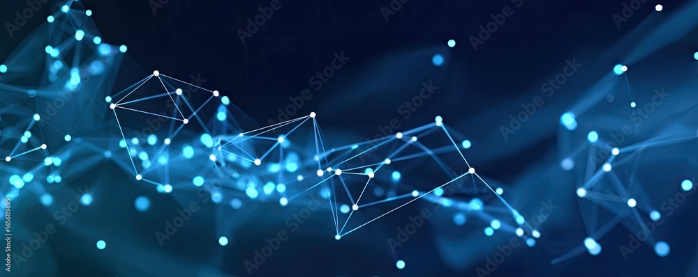 Poster exploring connectivity in abstract blue digital networks within a modern virtual art environment