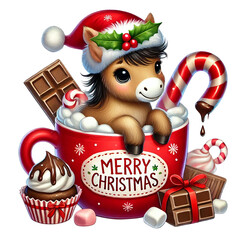A cute pony in a festive cup surrounded by holiday treats.