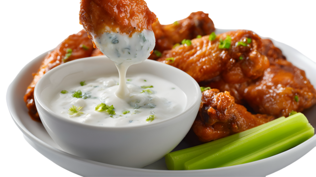 A saucy chicken wing being dipped into creamy blue cheese dressing, served with celery. This classic, isolated appetizer is perfect for sports bar menus.
