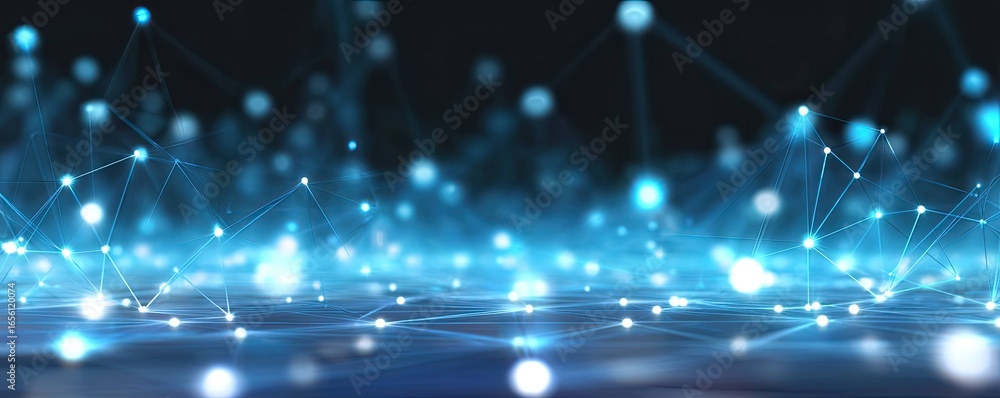 Poster glowing blue digital network visualization abstract graphic design in online space perspective