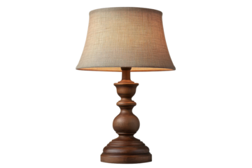 Vintage wooden table lamp with textured lampshade isolated on transparent background. Elegant vintage table lamp with Shade isolated on white background.