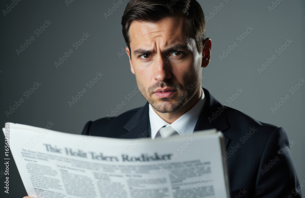 Poster man reading newspaper with serious expression in formal attire