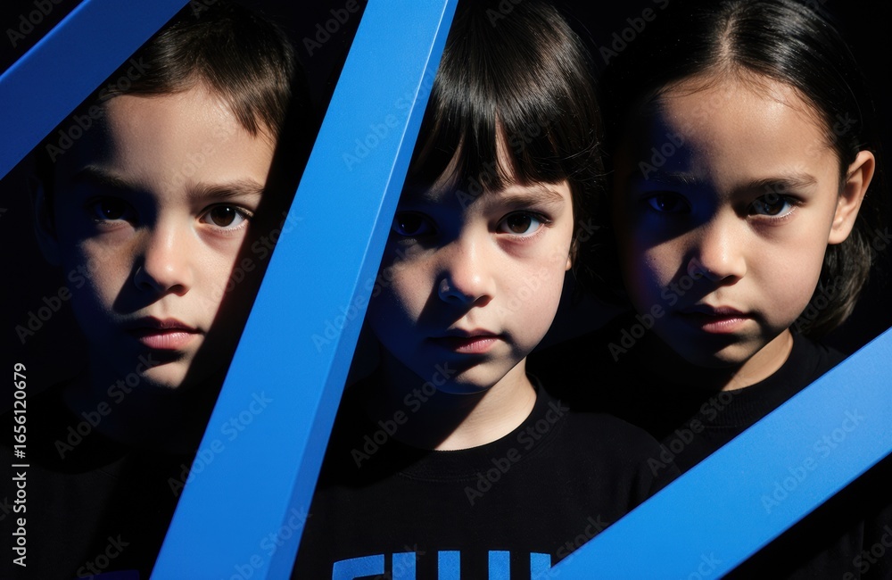 Poster three children with serious expressions face forward in a dark setting with blue geometric shapes cr