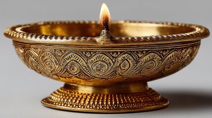 Brass Diya with Intricate Engravings and Burning Wick, Ideal for Festive Decor and Spiritual Ambiance