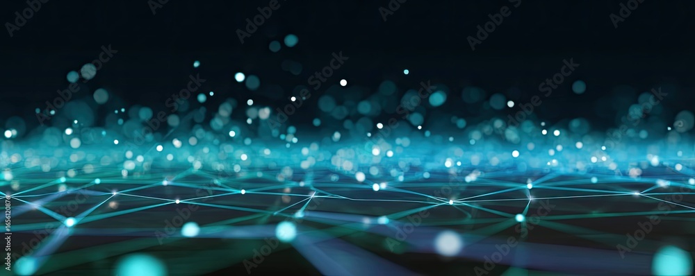 Poster exploring digital connections virtual spaces and tech environments with a blue glowing concept