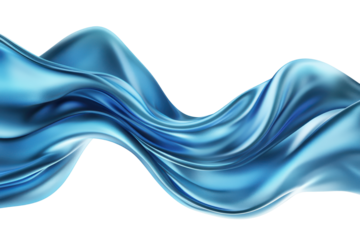 Flowing blue silk fabric wave isolated on transparent background. Flowing blue satin fabric with smooth texture featuring elegant folds and a glossy vibrant sheen isolated on white background.