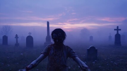 Emerging from the earth, a terrifying undead creature stretches its arms towards the twilight sky in a foggy cemetery, embodying the essence of halloween horror
