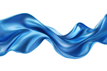 Flowing blue silk fabric wave isolated on transparent background. Flowing blue satin fabric with smooth texture featuring elegant folds and a glossy vibrant sheen isolated on white background.