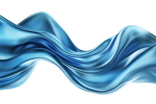 Flowing blue silk fabric wave isolated on transparent background. Flowing blue satin fabric with smooth texture featuring elegant folds and a glossy vibrant sheen isolated on white background.