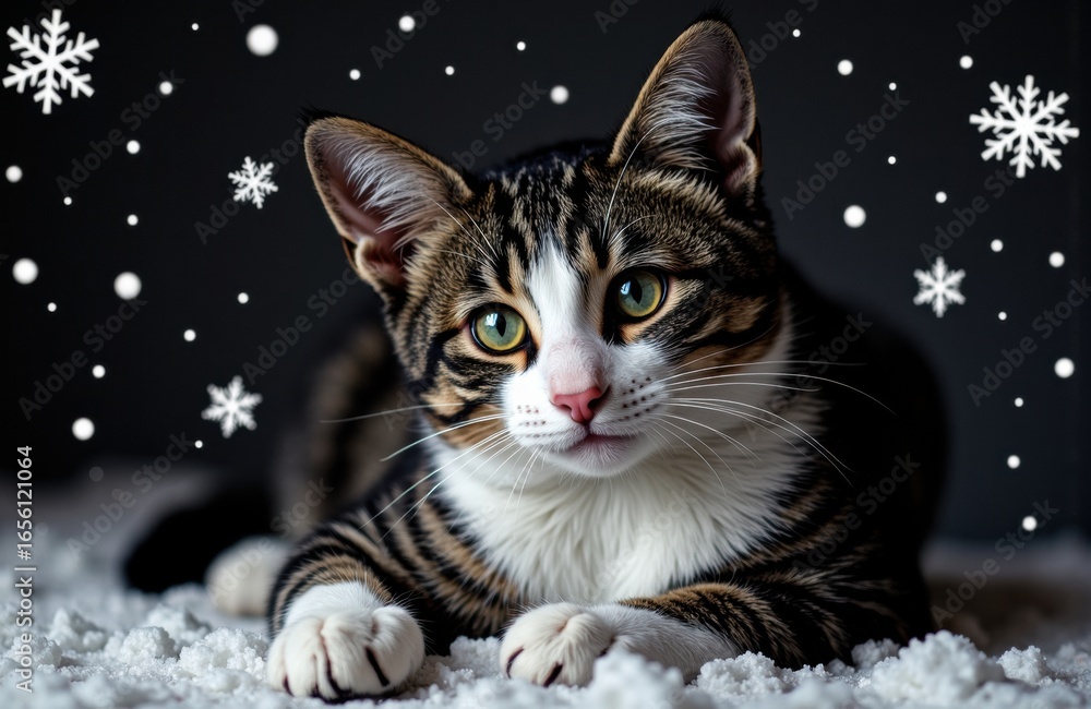 Poster a playful tabby cat lying on snow with snowflakes falling around it