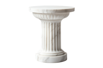 Classic white marble pedestal with fluted column isolated on transparent background. Fluted white marble pedestal with smooth polished finish and elegant design isolated on white background.