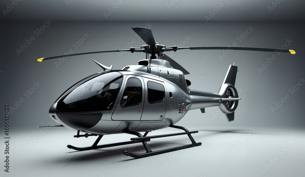 Poster a sleek gray helicopter displayed in a studio setting with a neutral background