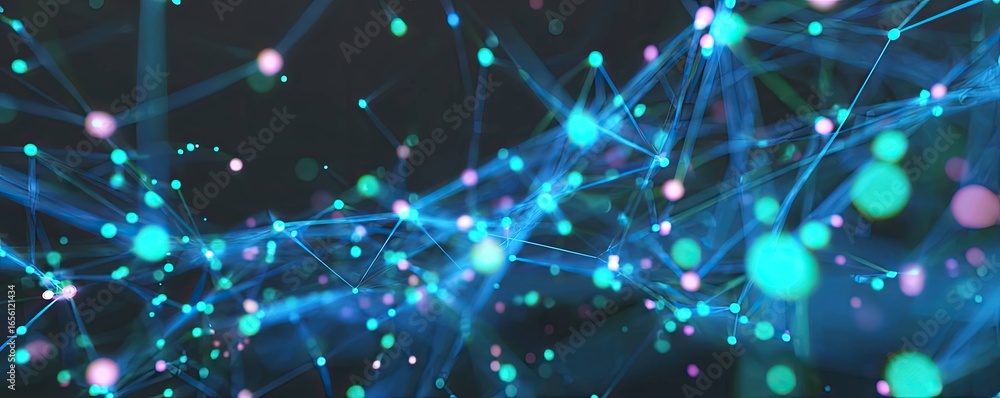 Poster illuminating blue digital network abstract graphic design in a virtual cyber space environment