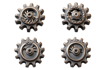 Four steampunk gears isolated on transparent background. Four metallic gears shown from different angles highlighting their intricate design isolated on white background.