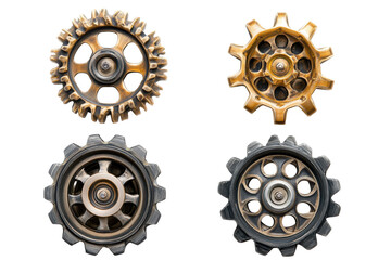 Four steampunk gears isolated on transparent background. Four metallic gears shown from different angles highlighting their intricate design isolated on white background.