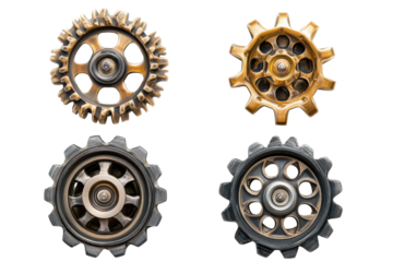 Four steampunk gears isolated on transparent background. Four metallic gears shown from different angles highlighting their intricate design isolated on white background.