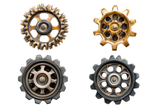 Four steampunk gears isolated on transparent background. Four metallic gears shown from different angles highlighting their intricate design isolated on white background.