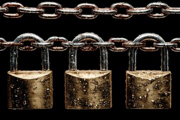 Rusty metal chains with water droplets on padlocks