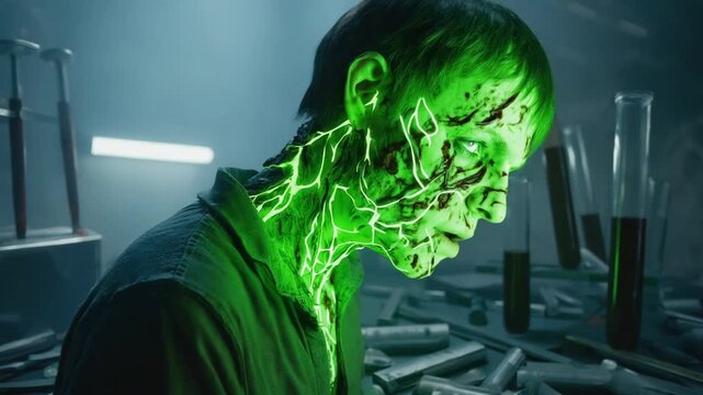 Scientist undergoing a bizarre mutation with glowing green veins visible through damaged skin, standing in a dimly lit laboratory filled with test tubes and medical equipment