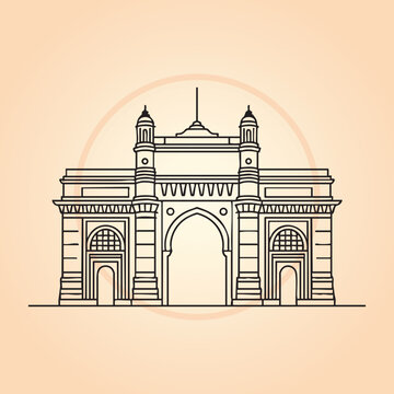 Black and white drawing of iconic gateway of india with boats and cityscape &ndash; stock vector icon in line style