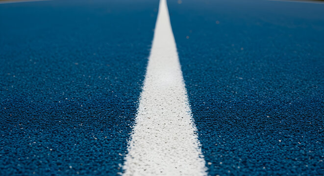 Detailed Close-Up Of A Blue Running Track Highlighting The Crisp White Center Line Inviting Athletes To Compete In An Outdoor Event