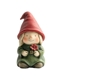 Whimsical garden gnome figurine with red hat isolated on transparent background. Garden gnome figurine with red hat and green outfit isolated on white background.