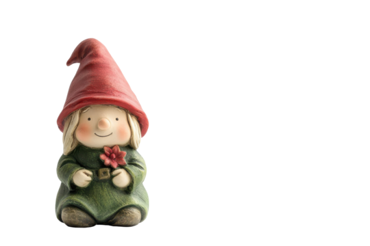 Whimsical garden gnome figurine with red hat isolated on transparent background. Garden gnome figurine with red hat and green outfit isolated on white background.