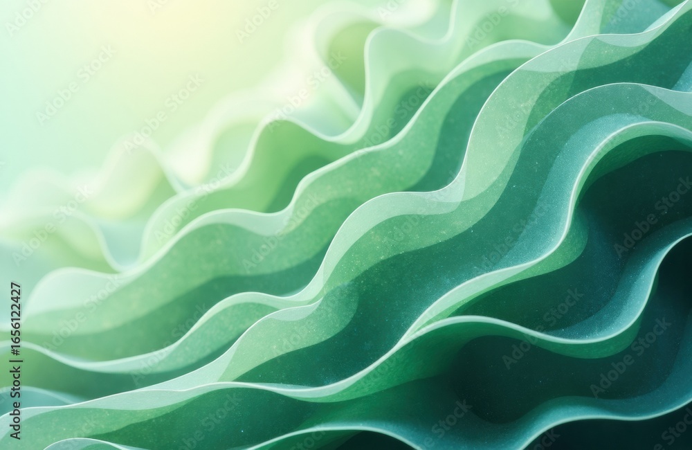 Poster close-up of layered green paper with wavy texture and soft lighting creating a calming effect