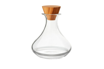 Empty glass bottle with cork stopper isolated on transparent background. Glass olive oil dispenser with wooden stopper isolated on white background.