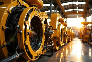Fototapeta premium Heavy industrial machinery with large yellow components in a factory setting during sunset