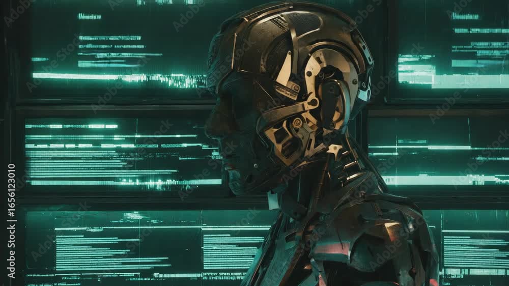 Poster advanced humanoid robot examining complex data streams on glowing green monitors in a high-tech serv