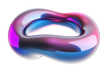 Abstract iridescent fluid torus shape isolated on transparent background. Glossy infinity shape featuring in blue pink and purple isolated on white background, 3d rendering.