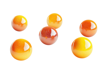Group of colorful glass marbles scattered isolated on transparent background. Glossy orange and yellow round displayed from various angles isolated on a white background, 3D Rendering.
