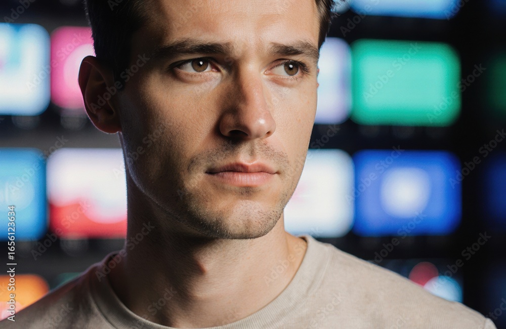 Poster a young man with a serious expression looking to the side in front of a colorful digital background
