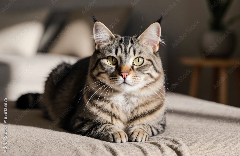 Poster a tabby cat lying on a soft surface with a relaxed and attentive expression