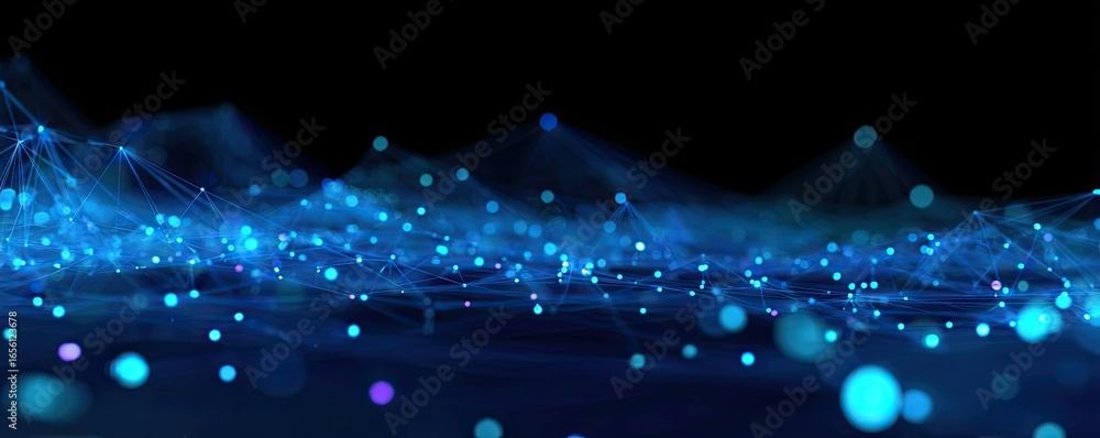 Poster exploring abstract blue digital networks in a futuristic glowing technology environment