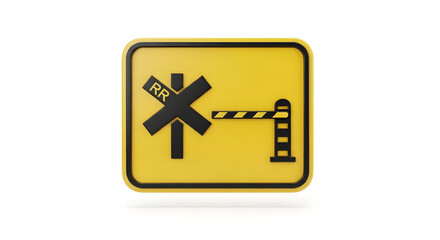 Obraz premium Realistic 3D rendering of a yellow railroad crossing warning sign with a barrier gate, isolated on a white background for transportation safety