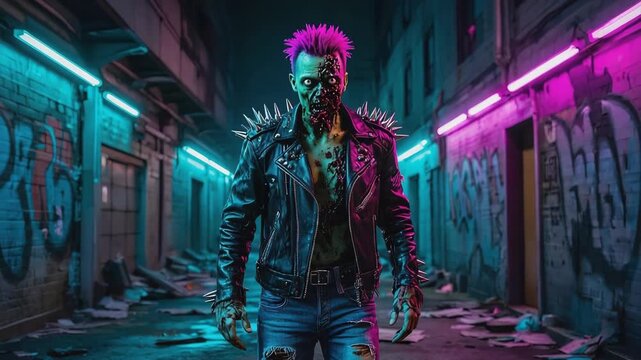 Cyberpunk zombie with a mohawk and spiked jacket walking through a dark, neon-lit alley at night, creating an eerie blend of horror and futuristic urban decay
