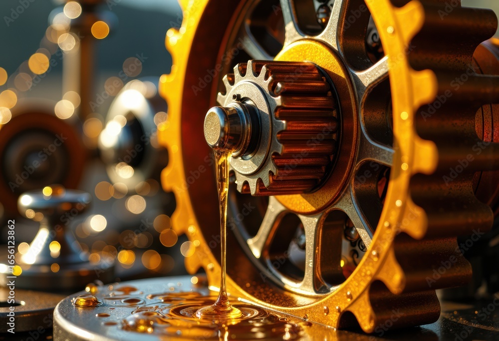 Aufkleber gears and mechanical components in a close-up shot with warm lighting and blurred background
