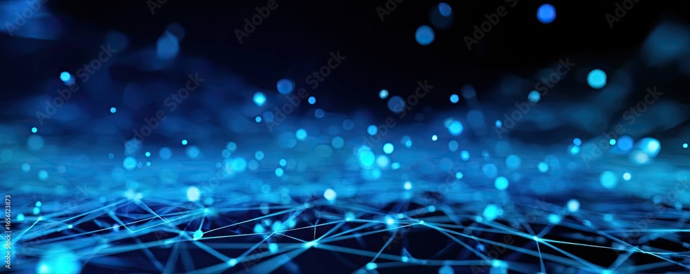 Poster virtual space exploration glowing blue networks and abstract art in digital environments