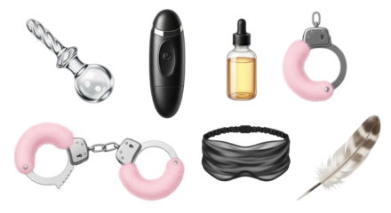 Intimate woman sex toys transparent PNG cutout set bundle, isolated background. Butt plug, vibrator, fluffy pink handcuffs, foreplay, pleasure, games graphic resource 




