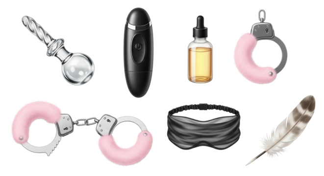 Intimate woman sex toys transparent PNG cutout set bundle, isolated background. Butt plug, vibrator, fluffy pink handcuffs, foreplay, pleasure, games graphic resource 




