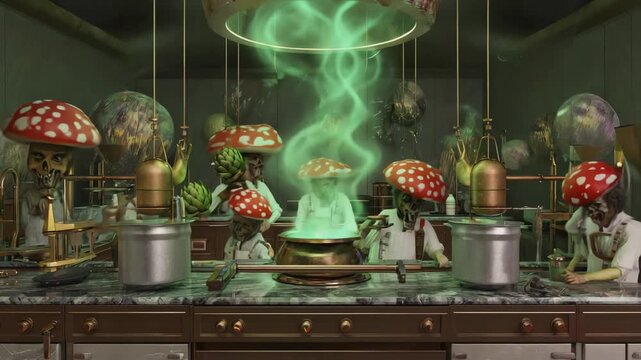 Mushroom-headed chefs concocting a magical potion in a mysterious restaurant kitchen, surrounded by swirling green smoke rising from a bubbling copper cauldron, create a whimsical atmosphere