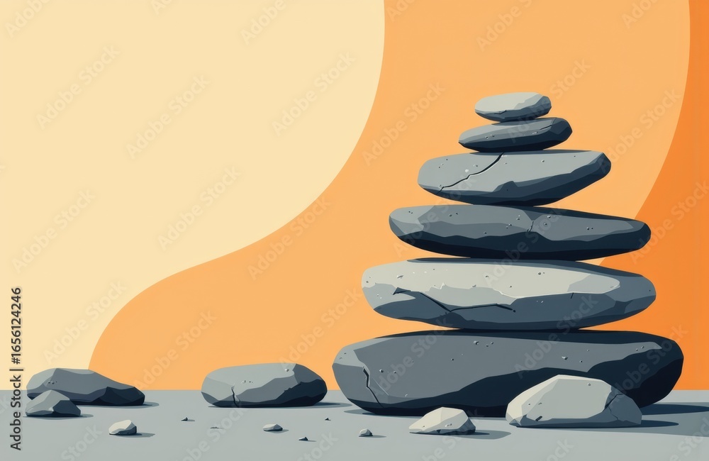 Poster balanced stack of smooth stones arranged in a zen-like formation on a minimalist background